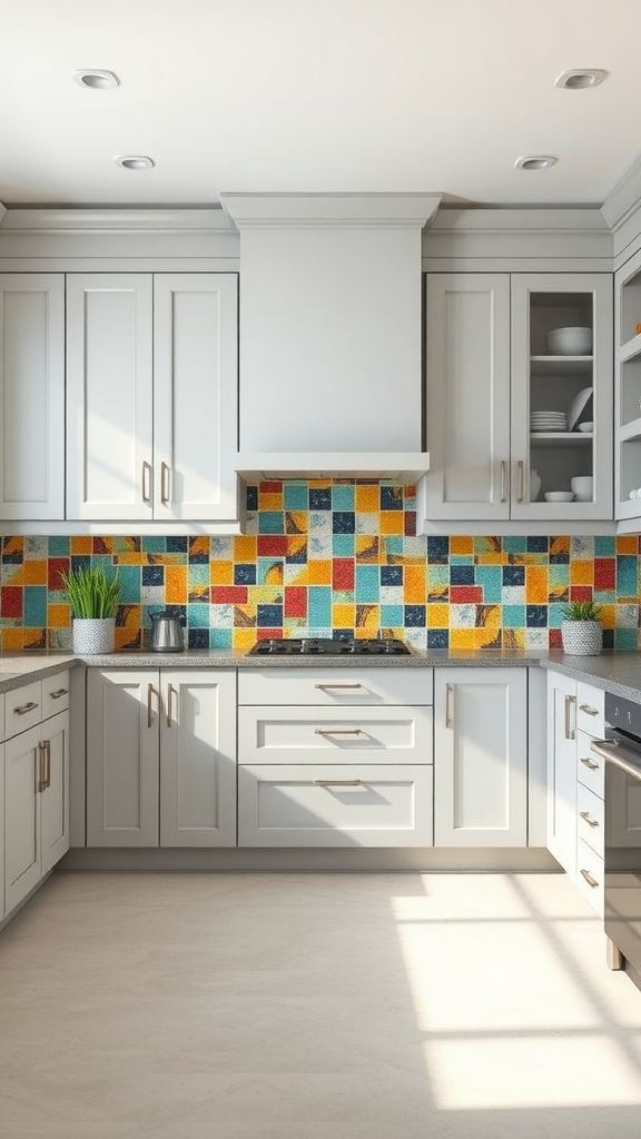 A modern kitchen featuring light gray cabinets and a colorful tile backsplash.