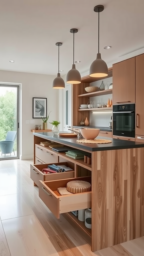 A modern kitchen island with open shelves and drawers, featuring wooden finishes and a sleek black countertop.