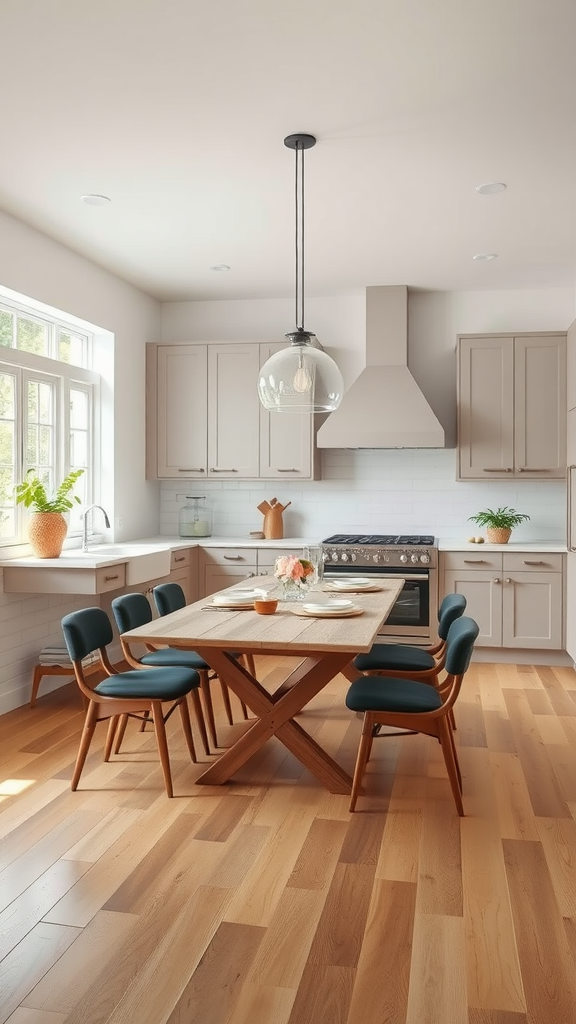 A modern kitchen featuring an integrated dining space with a wooden table and chairs.