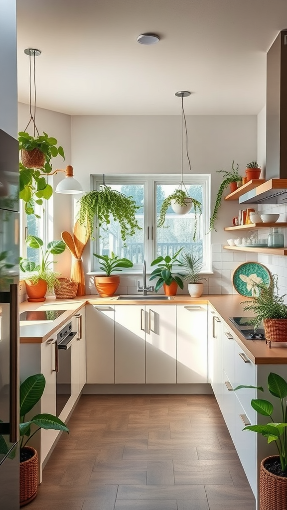 Bright and lively kitchen filled with various indoor plants in pots.