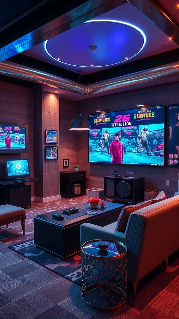 A stylish interactive gaming zone with modern furniture, large screens, and ambient lighting.