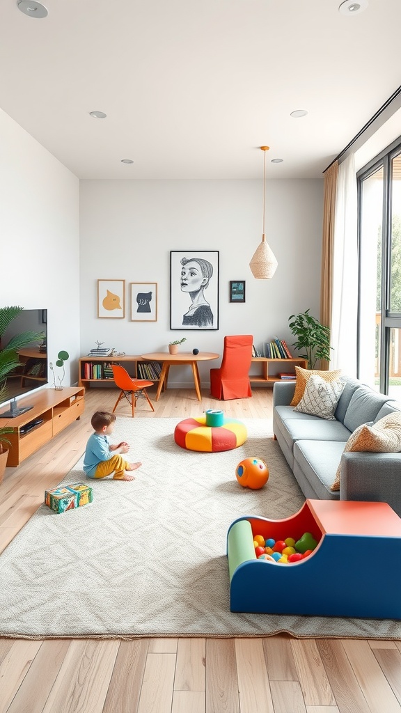 A modern colorful living room with a child playing, showcasing interactive play areas.