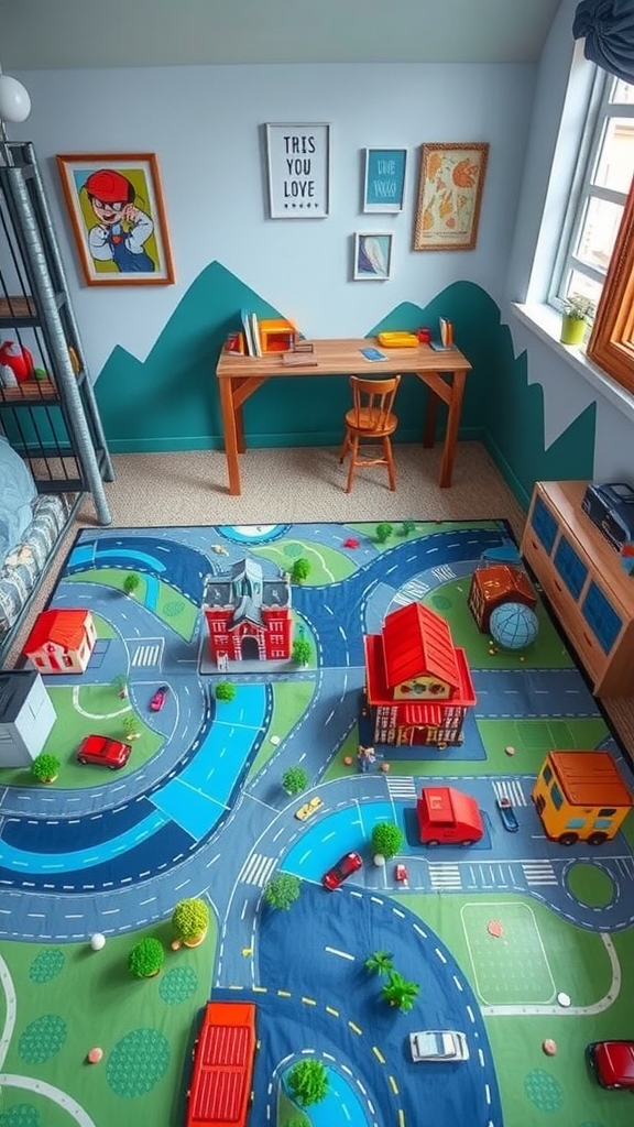 A colorful room featuring a play mat with roads and buildings, along with toys and a desk.