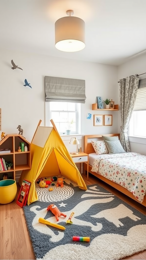 A colorful children's play space featuring a yellow tent, plush rug, and various toys.