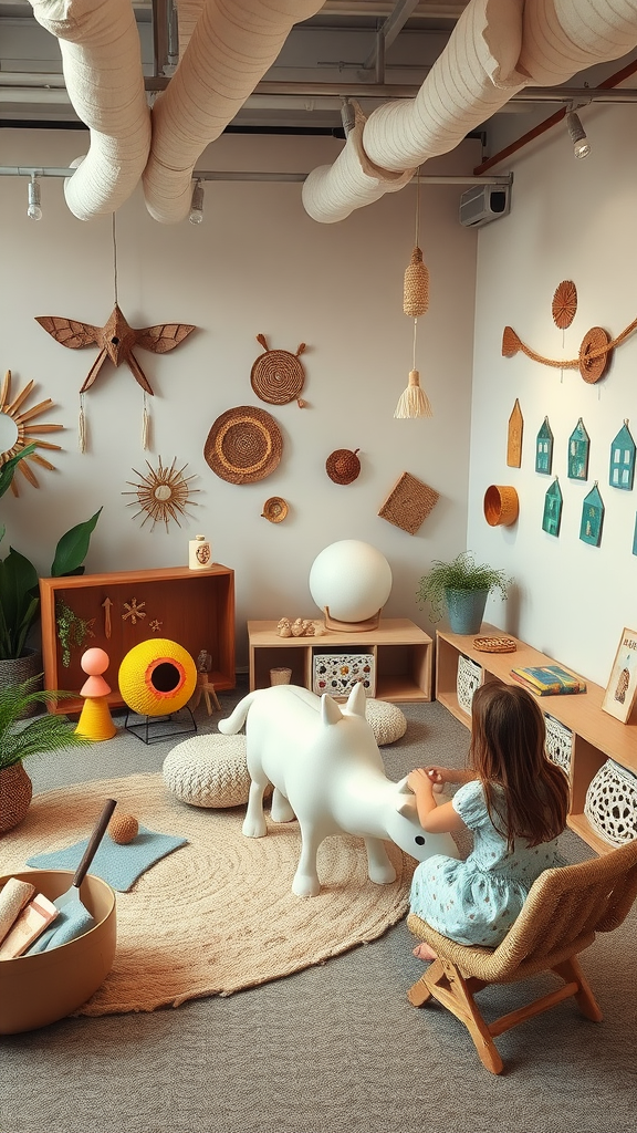 A cozy boho playroom with interactive play stations, featuring natural decor and a child playing.