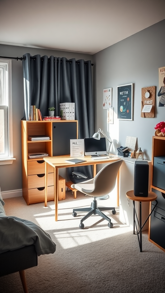 A cozy study corner with a desk, chair, and decorative elements