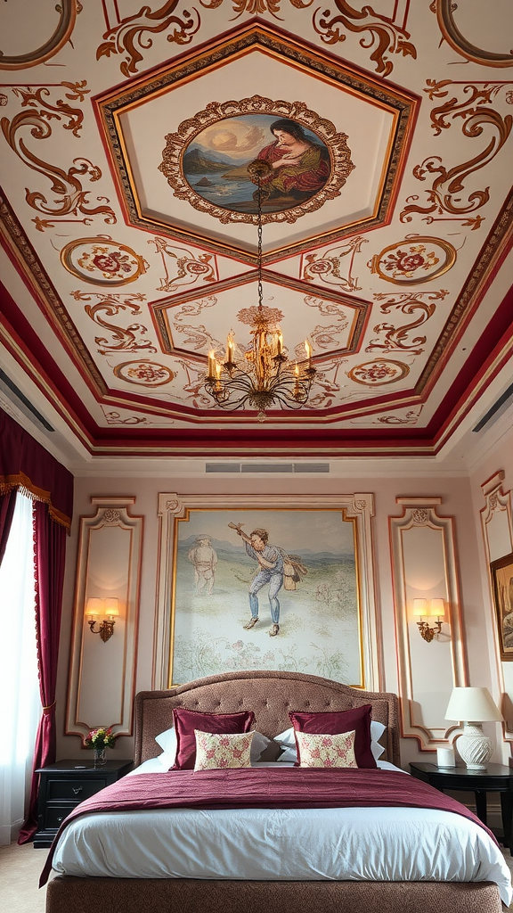 Luxurious burgundy bedroom with intricate ceiling design and chandelier.