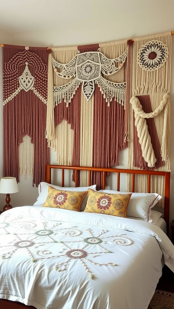 A beautifully decorated wall with intricate macrame hangings and a cozy bed with patterned pillows.