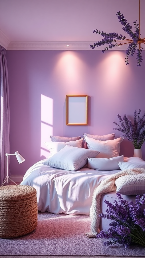 A cozy and inviting bedroom with purple walls, plush pillows, and lavender accents.