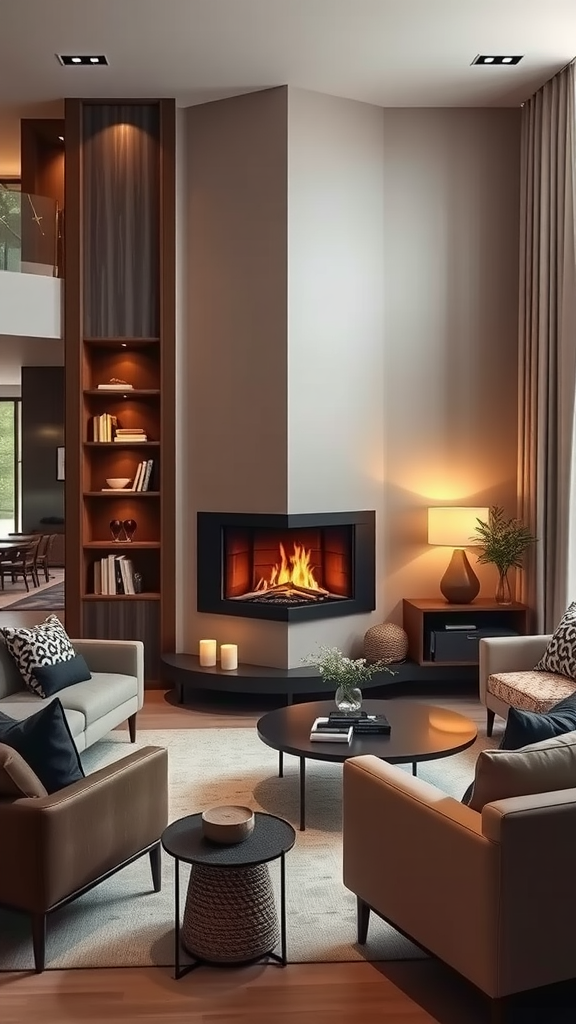 A cozy living room featuring a corner fireplace surrounded by comfortable seating.