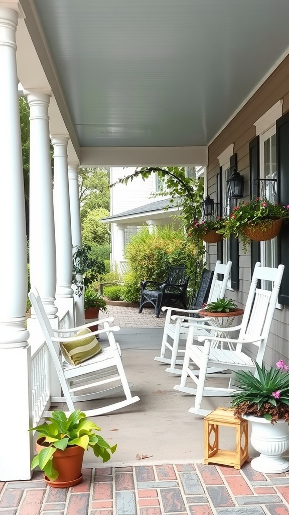 Classic southern front porch with rocking chairs and potted plants