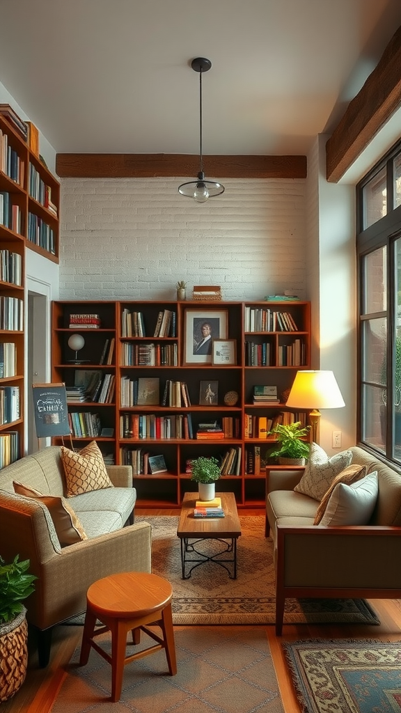 Cozy French country living room with comfortable seating and bookshelves.