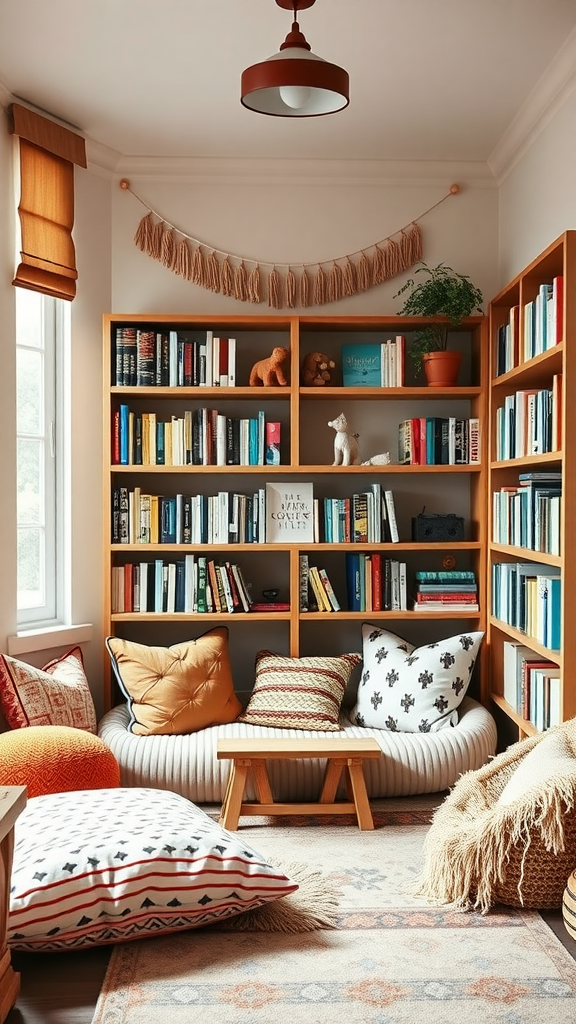 A cozy reading nook with colorful cushions, a wooden bookshelf filled with books, and a warm ambiance.