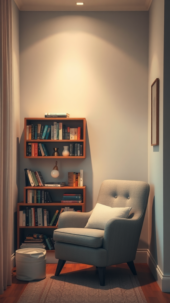 A cozy reading nook featuring a comfortable chair, a bookshelf filled with books, and soft lighting.