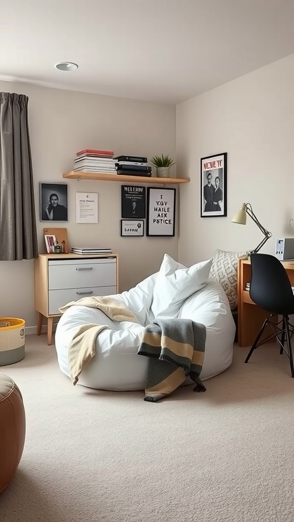 A cozy white bean bag chair with a blanket draped over it, set in a well-decorated dorm room.