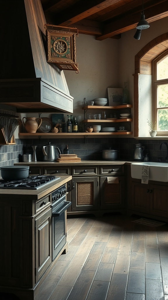 A cozy old-world kitchen featuring wooden cabinets and iron accents with a rustic charm.