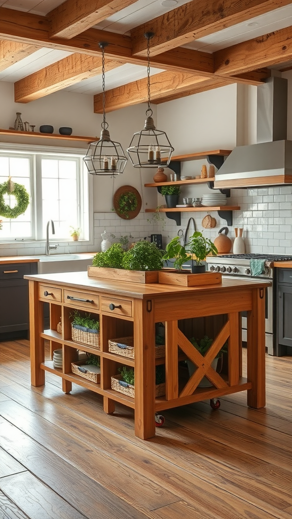 A wooden kitchen island featuring planted herbs and storage baskets in a farmhouse kitchen.