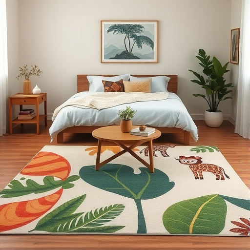 A cozy bedroom featuring a jungle-themed area rug with colorful leaves and animals.