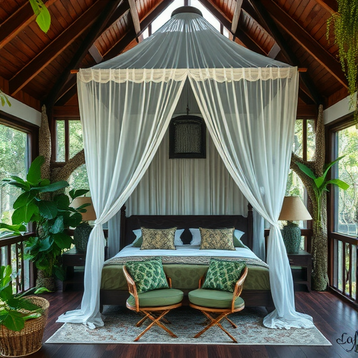 A beautifully designed jungle canopy bed with sheer curtains and lush plants surrounding it.