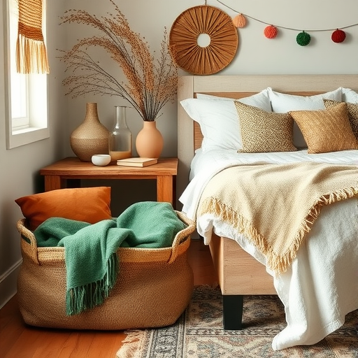 A cozy bedroom scene featuring a jute storage basket filled with blankets