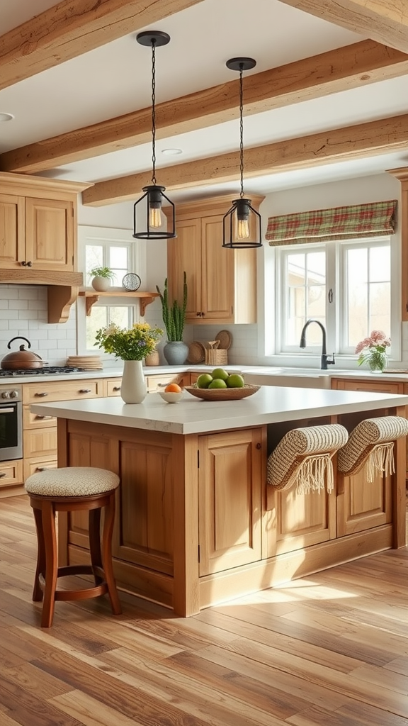 Cozy farmhouse kitchen with a wooden island and built-in seating