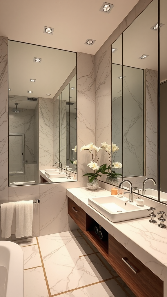 Modern luxury bathroom with large mirrors and elegant design.