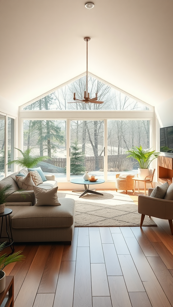 Bright ranch-style living room with large windows and natural light