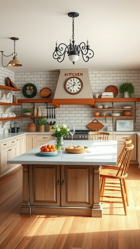 A spacious farmhouse kitchen with a large island featuring wooden cabinets and a marble countertop, surrounded by wooden chairs.