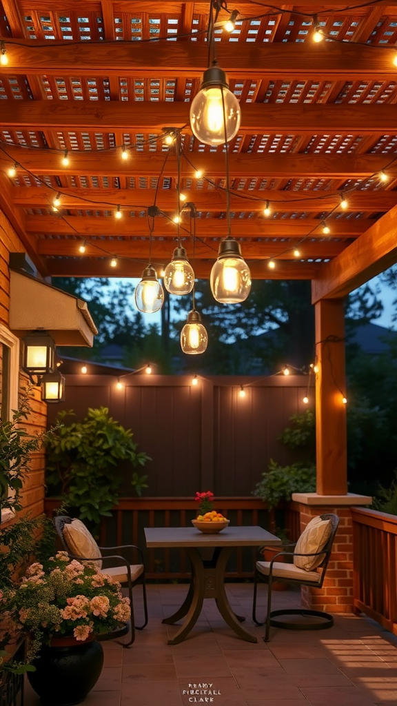 A cozy outdoor space with a lattice roof and hanging lights, featuring a small table and chairs surrounded by plants.