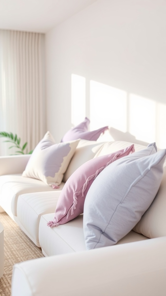 Lavender throw pillows on a white sofa in a bright living room