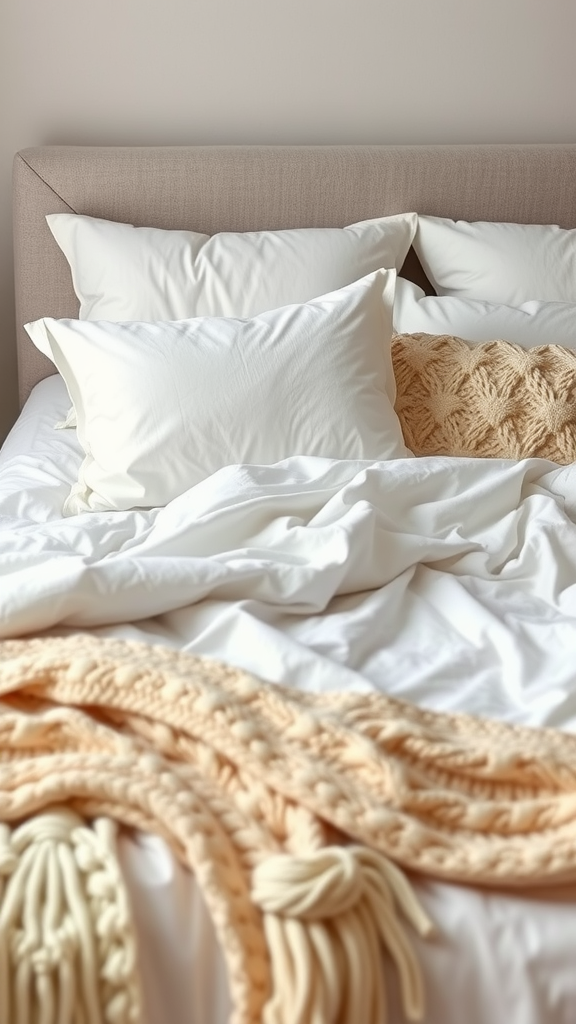 Cozy modern bedroom with neutral decor featuring layered bedding.