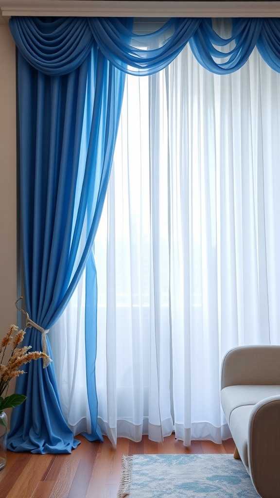 Layered blue and white curtains in a living room setting.