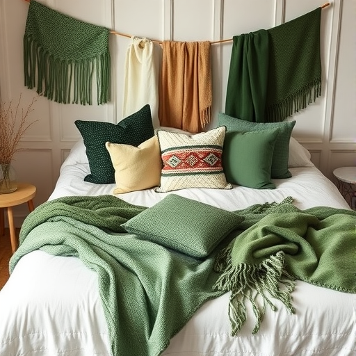 A cozy setup featuring layered green throws and blankets on a bed, with decorative pillows.