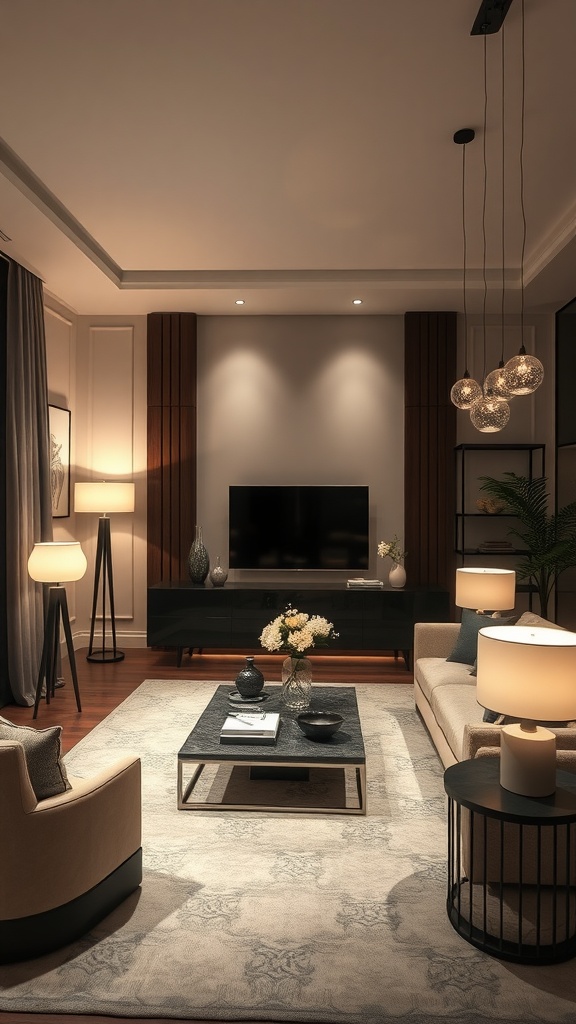 Cozy living room with layered lighting, featuring floor lamps and pendant lights.