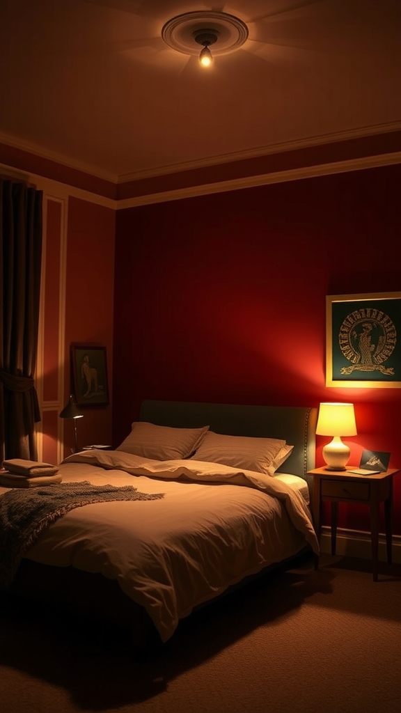 Cozy burgundy bedroom with layered lighting