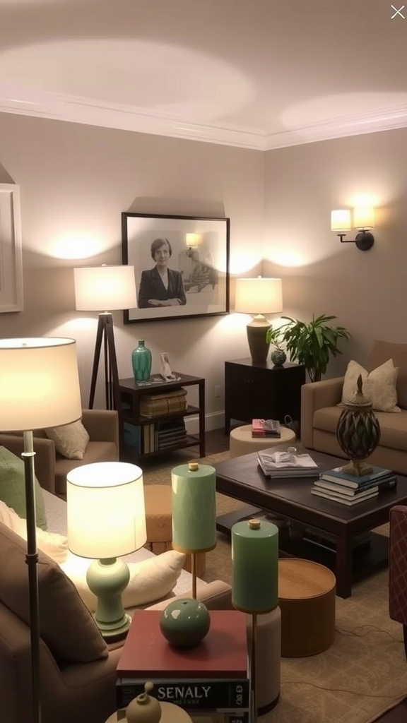 A cozy living room with various light sources creating a warm atmosphere.