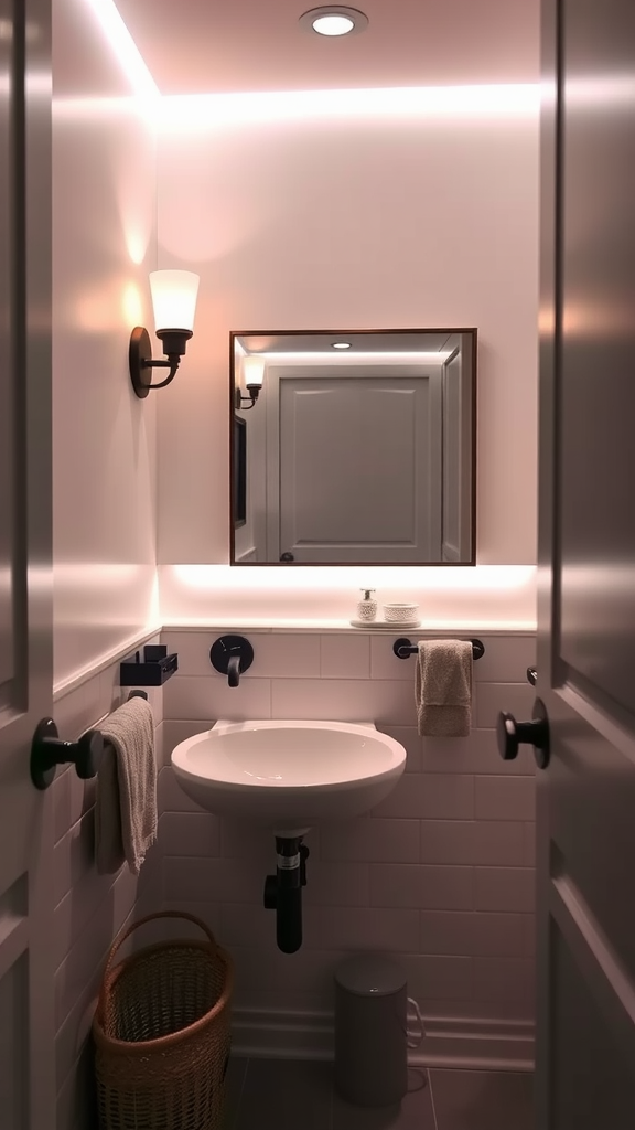 A modern small space bathroom with layered lighting design.