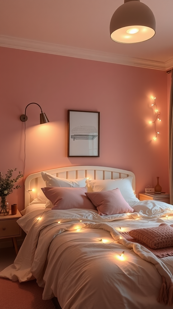 Cozy bedroom with layered lighting including pendant lamp and fairy lights.