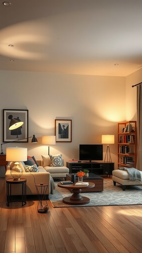 Cozy living room with layered lighting, including floor lamps and table lamps.