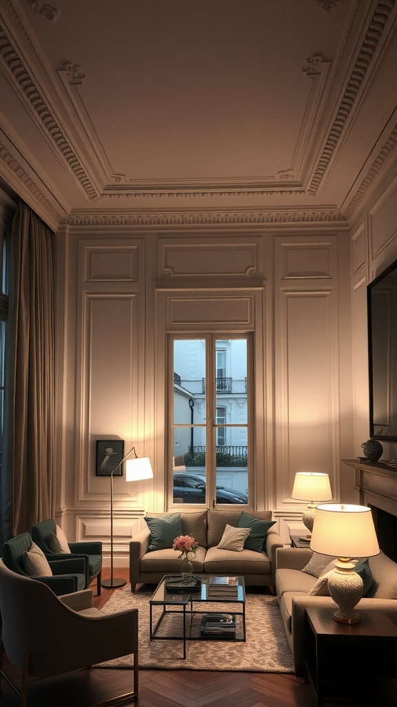 A beautifully lit Parisian living room showcasing different lighting sources.