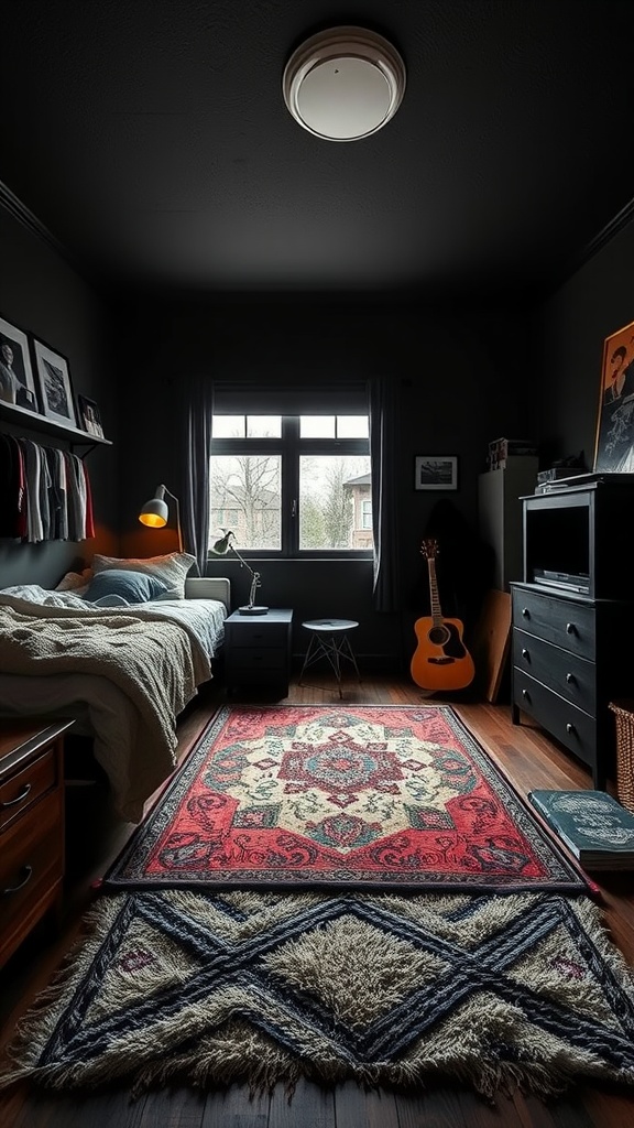 Aesthetic black dorm room featuring layered rugs and cozy decor.