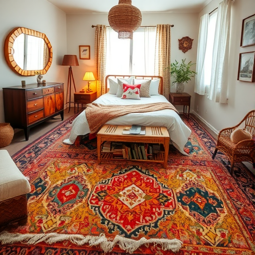 A beautifully decorated bedroom with layered rugs, showcasing a warm, inviting atmosphere.