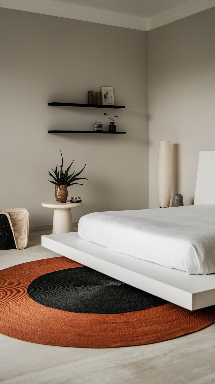 A modern bedroom featuring a white platform bed with a round black and rust rug underneath.