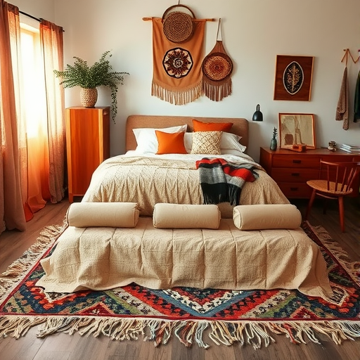 A cozy bedroom featuring layered rugs, a bed with colorful pillows, and warm sunlight filtering through curtains.