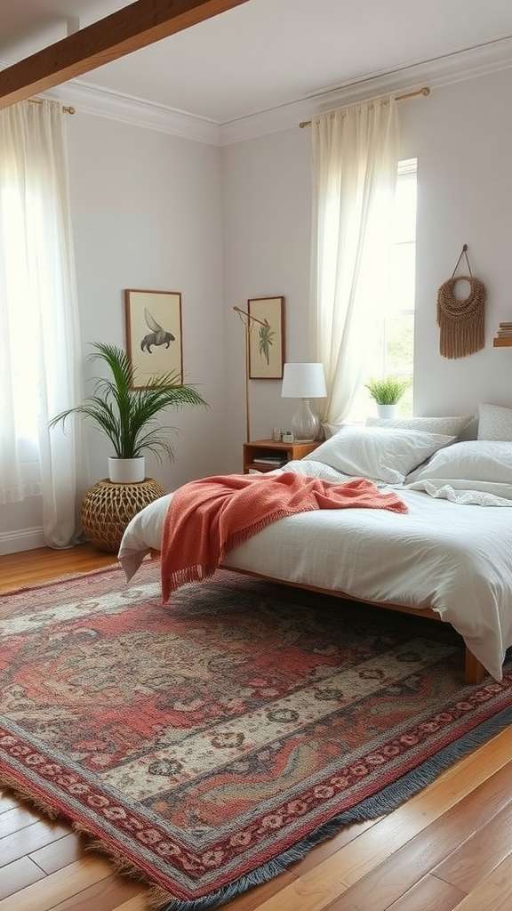 Aesthetic men's bedroom with layered rugs, soft bed linens, and plants