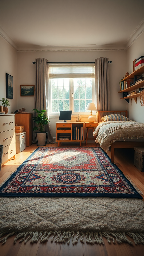 A cozy dorm room featuring layered rugs, with a bed, desk, and window.