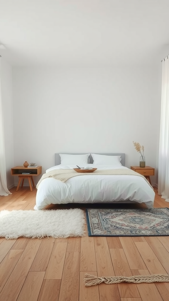 A minimalist bedroom featuring a layered rug setup, with a fluffy white rug and a patterned rug beneath a bed.