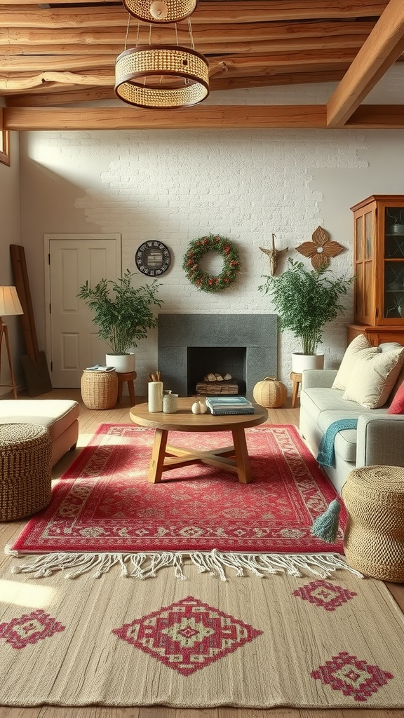 Cozy rustic French country living room with layered rugs.