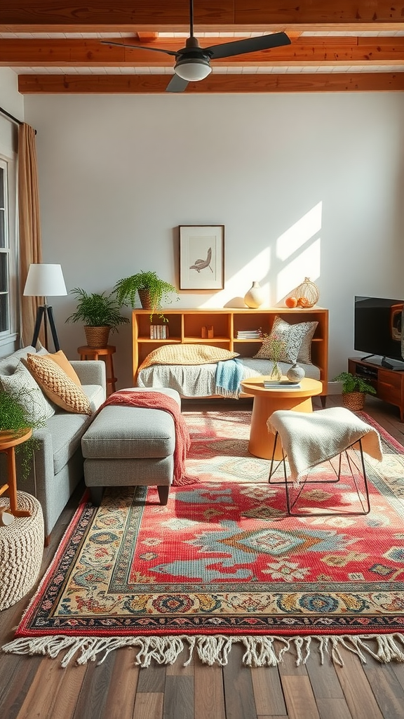 A cozy living room featuring layered rugs, with a large base rug and a smaller patterned rug on top, complemented by stylish furniture and plants.