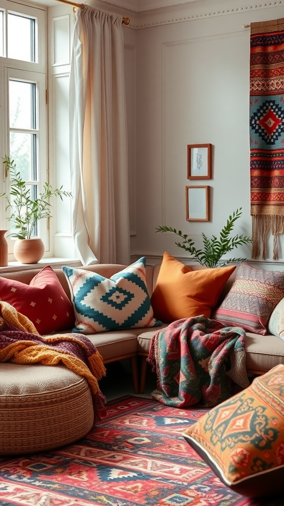 A cozy living room with layered textiles including colorful pillows, blankets, and patterned rugs.